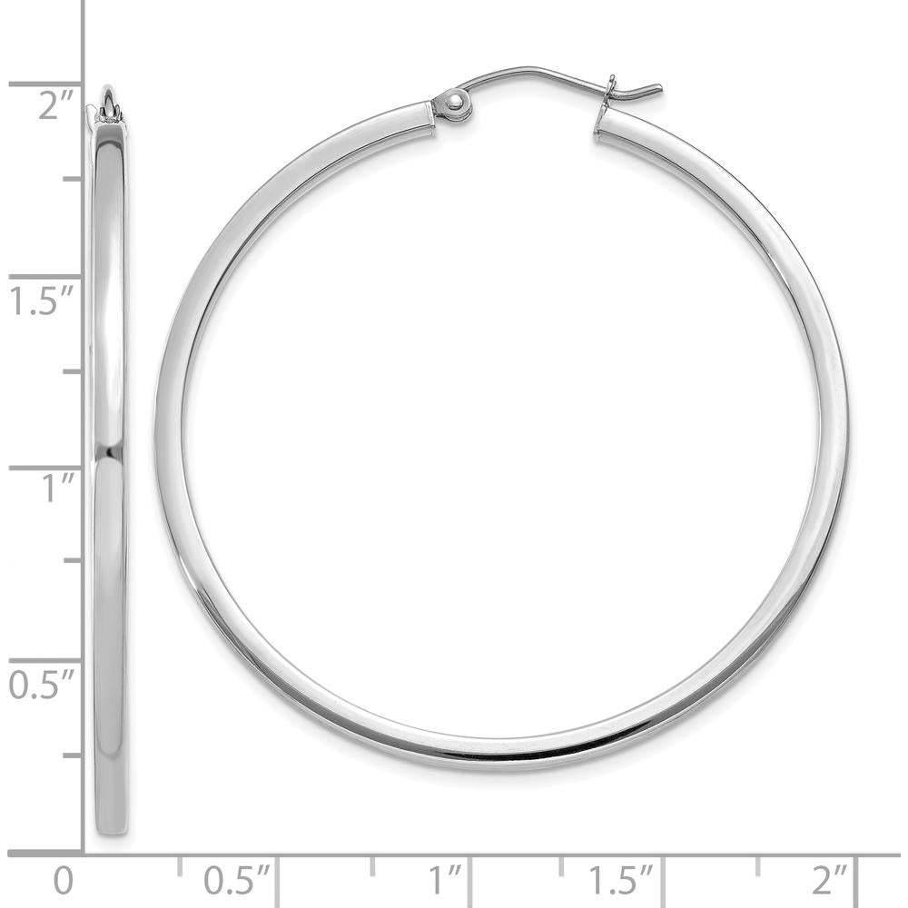 10K White Gold 2mm Square Tube Hoops with Rhodium Plating - 45mm Length