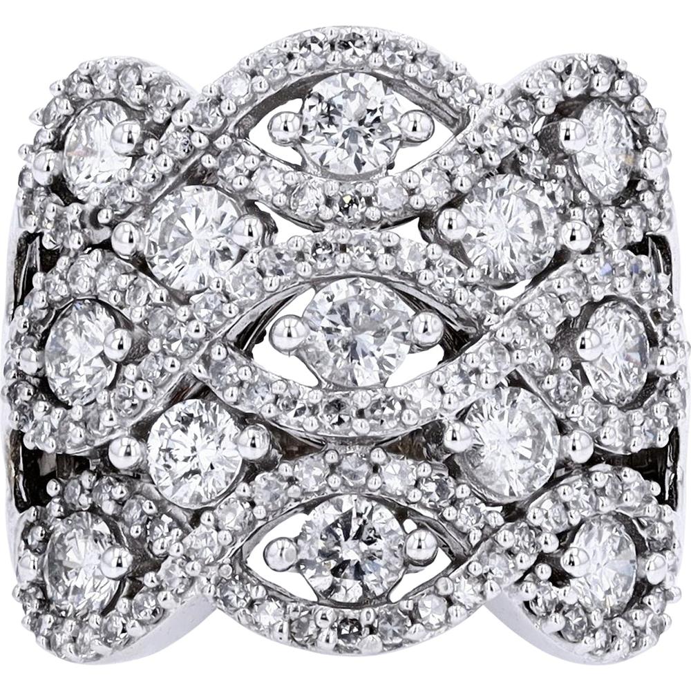 10K White Gold 3 Carat Diamond Cocktail Ring with Prong - Set Round Diamonds and Milgrain Detailing