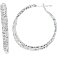 10K White Gold 3 Carat Diamond Inside - Out Crossover Hoops - 3.00 Carat Total Diamond Weight