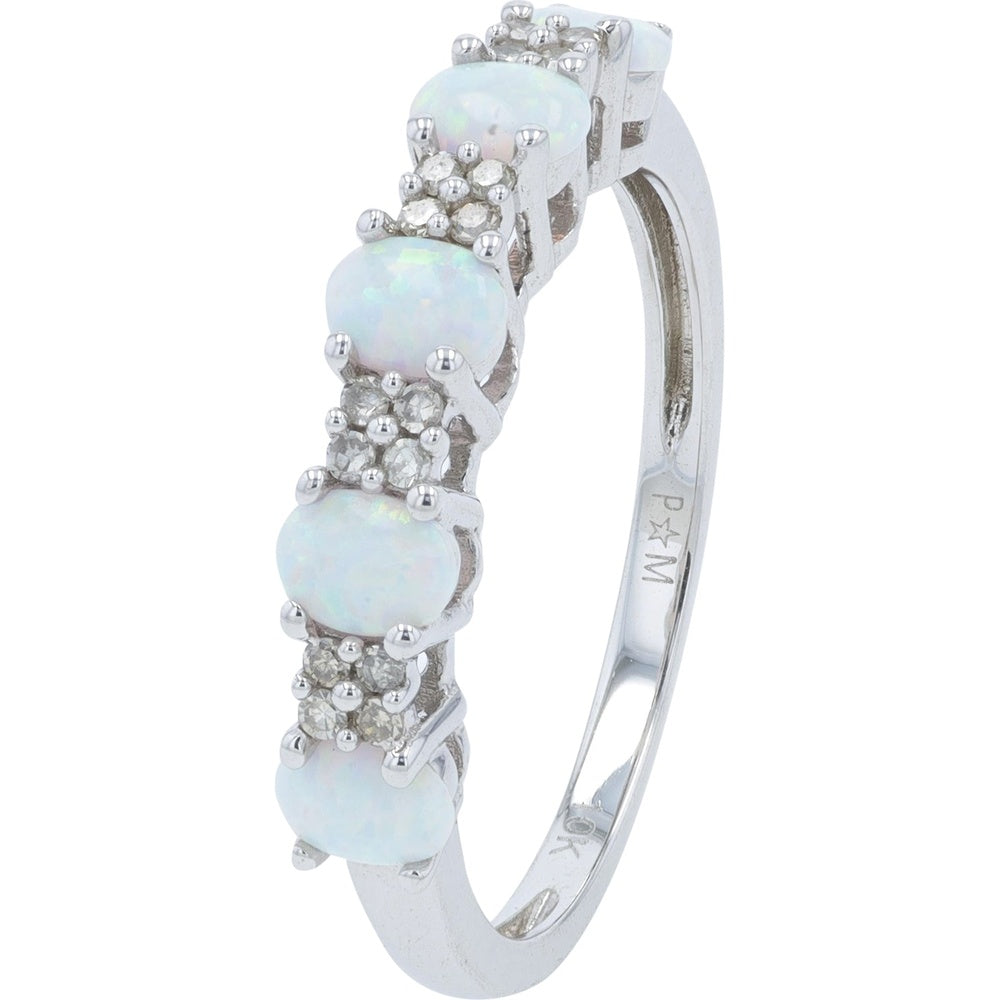10K White Gold 3-Stone Opal Ring with Sparkling Accent Clusters - 0.10 Carat Total Opal Weight