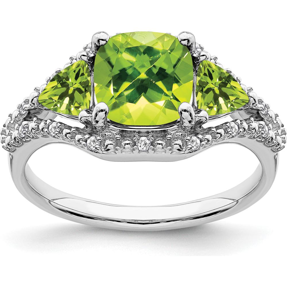 10K White Gold 3 Stone Ring with Cushion Cut Peridot 2.00ct, Trillion Cut Peridots 0.50ct, and Diamond Accents 0.07ct by 0