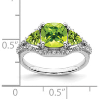10K White Gold 3 Stone Ring with Cushion Cut Peridot 2.00ct, Trillion Cut Peridots 0.50ct, and Diamond Accents 0.07ct by 0