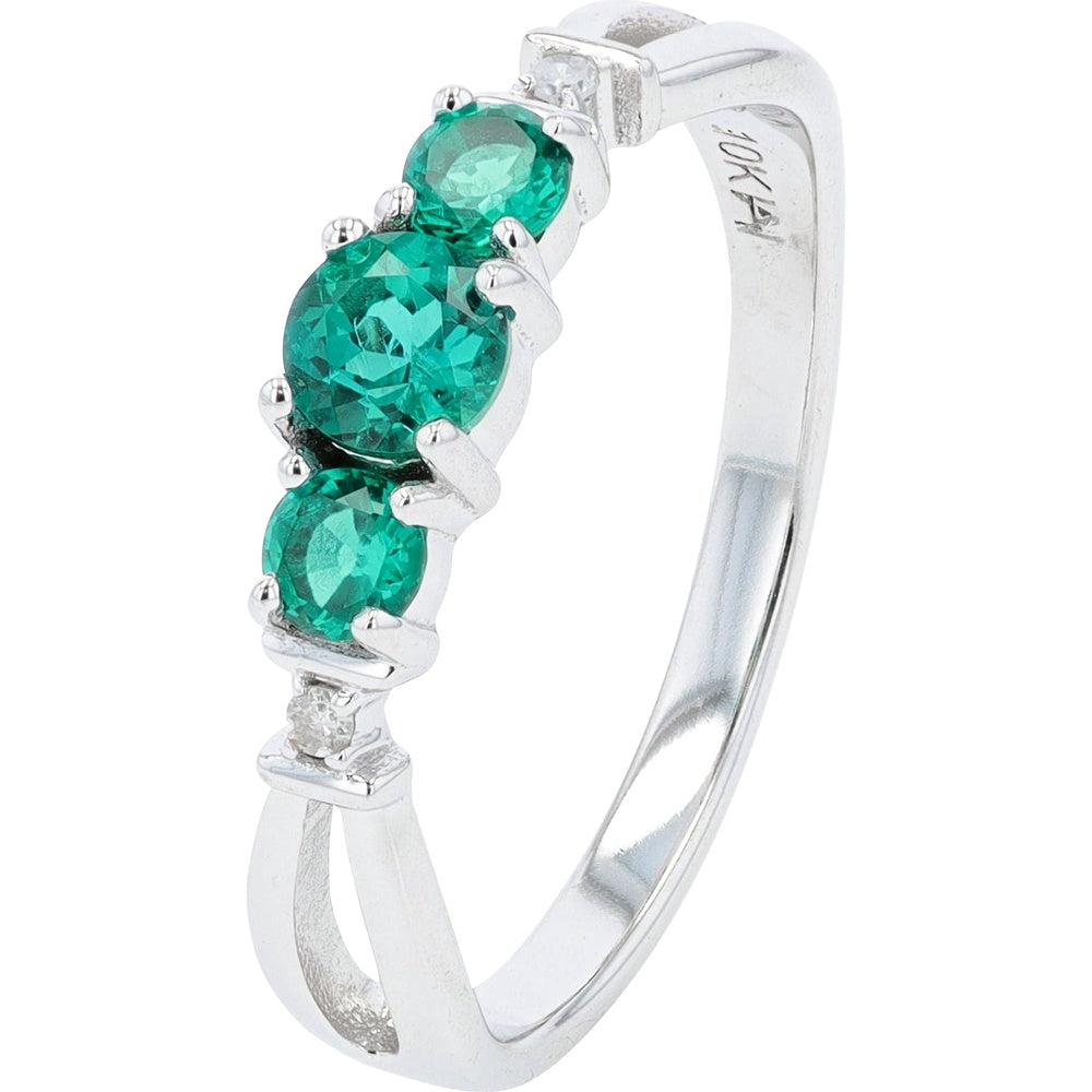 10K White Gold 3-Stone Ring with Round Created Emeralds and 0.02 Carat Diamond Accents