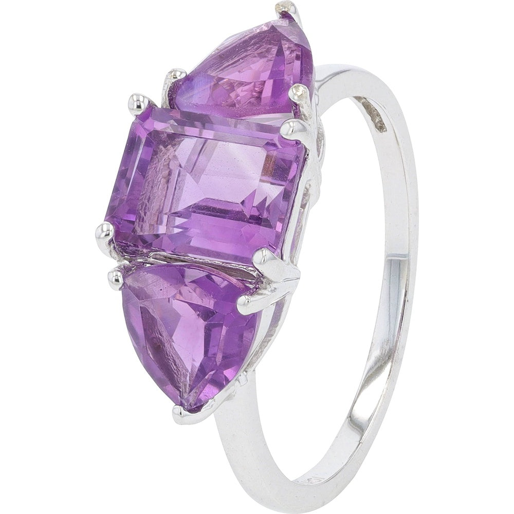 10K White Gold 3-Stone Ring with Trillion and Rectangular Cut Amethysts - 6.00 Carat Total Gem Weight