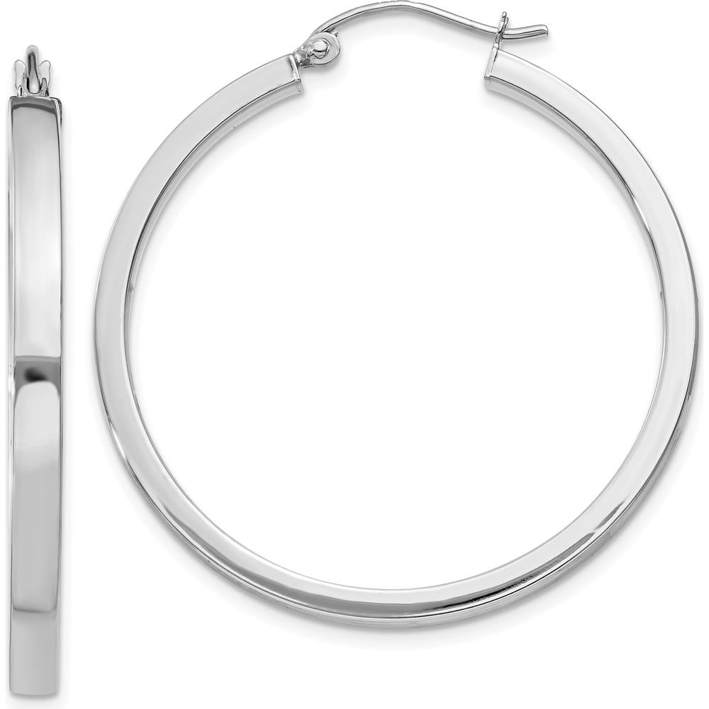 10K White Gold 34mm Rectangle Tube Hoop Earrings with Rhodium Plating