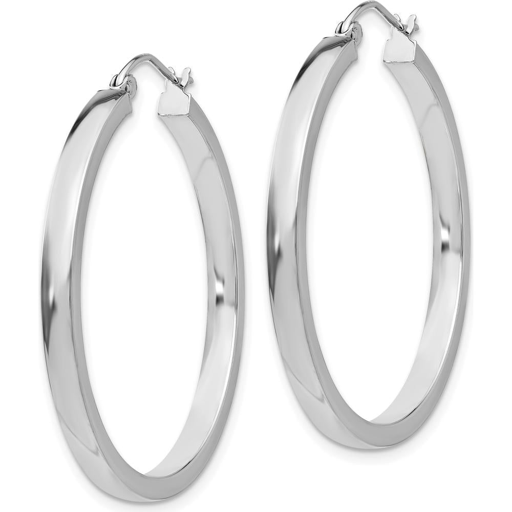10K White Gold 34mm Rectangle Tube Hoop Earrings with Rhodium Plating