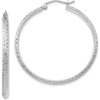 10K White Gold 37mm Diamond-Cut Hollow Hoop Earrings with Polished Finish