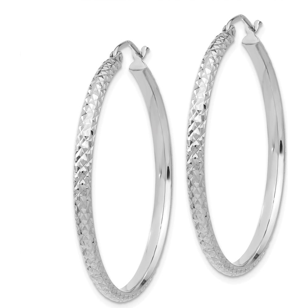 10K White Gold 37mm Diamond-Cut Hollow Hoop Earrings with Polished Finish