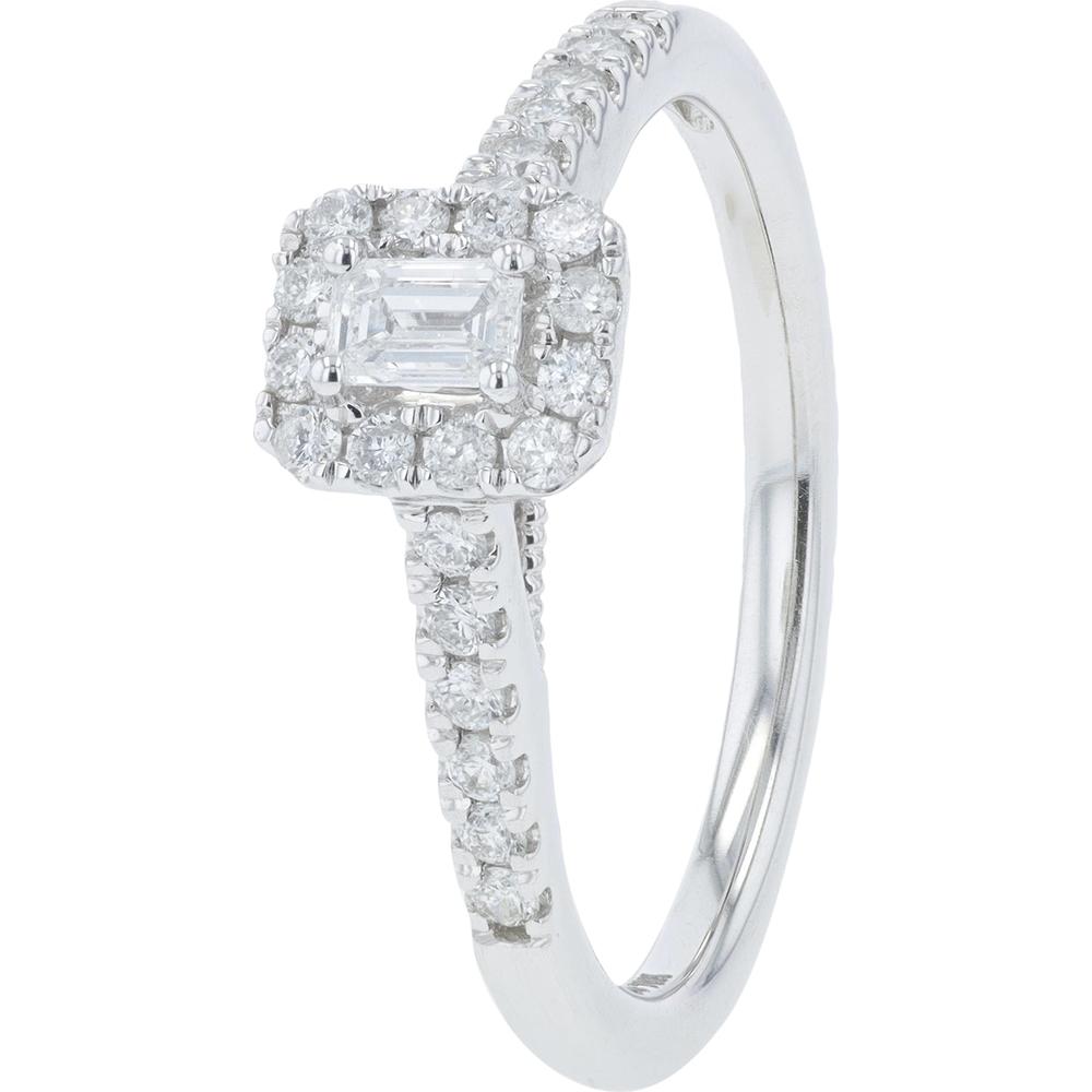 10K White Gold .38 Carat Total Weight Diamond Engagement Ring with Emerald Cut Center and Halo Setting