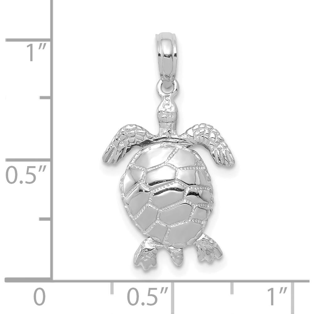 10K White Gold 3D Moveable Turtle Pendant - Rhodium Plated