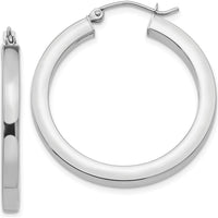 10K White Gold 3mm Polished Square Tube Hoop Earrings - 30mm Length