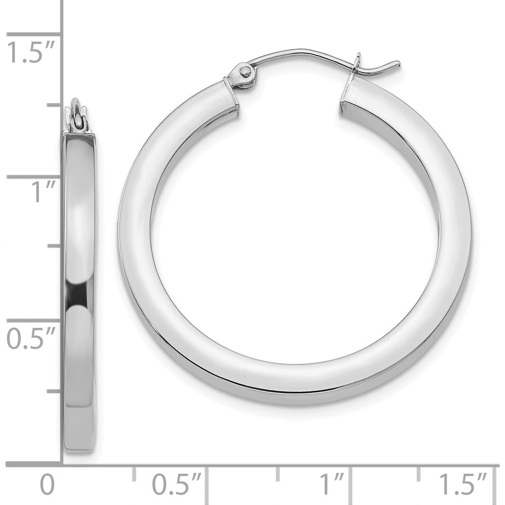 10K White Gold 3mm Polished Square Tube Hoop Earrings - 30mm Length