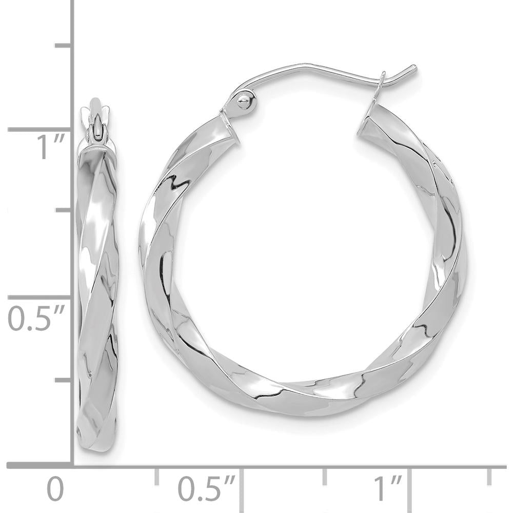 10K White Gold 3mm Twisted Hoop Earrings - Polished Finish