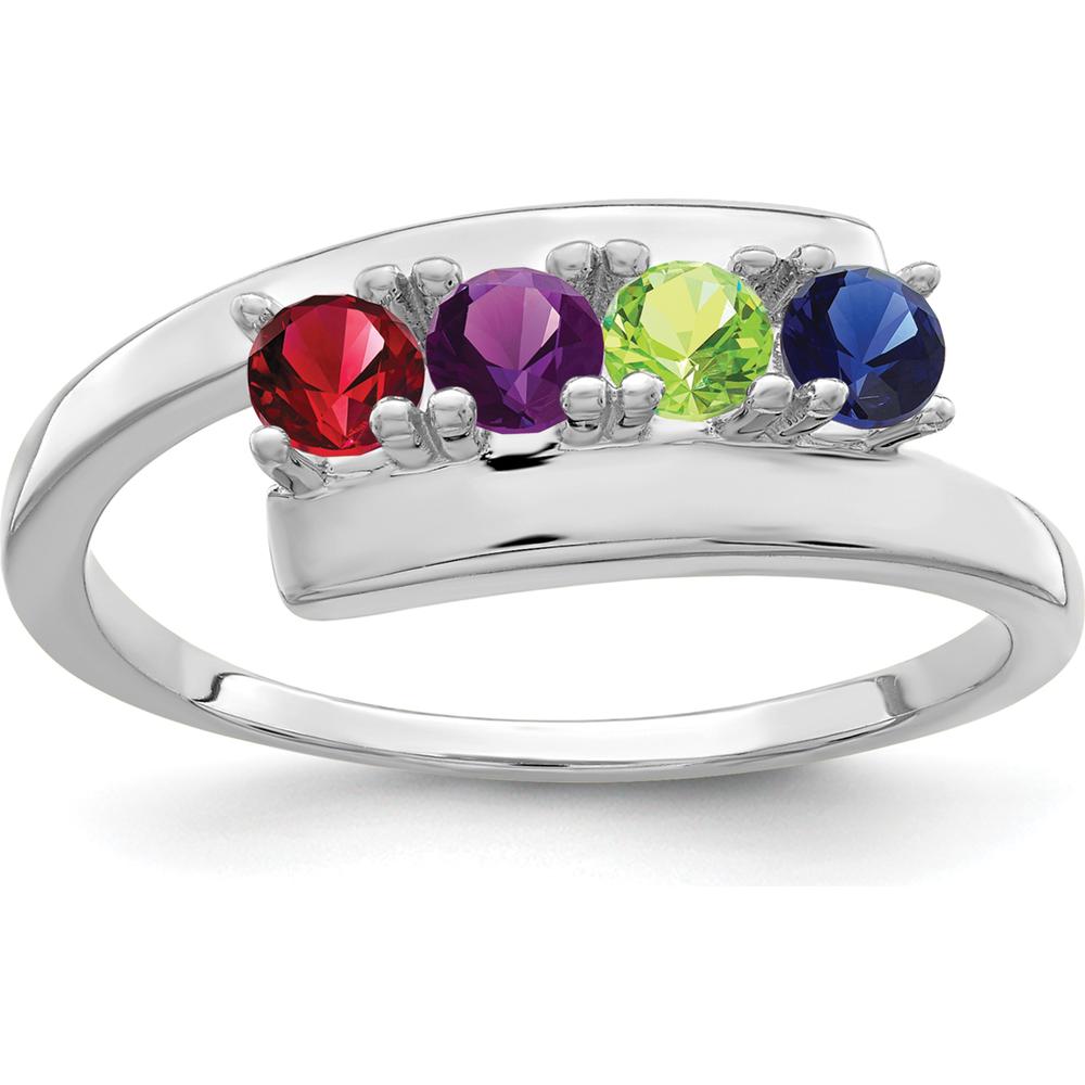 10K White Gold 4-Stone Mother's Ring with Round Ruby, Amethyst, Peridot, and Sapphire - Rhodium Plated