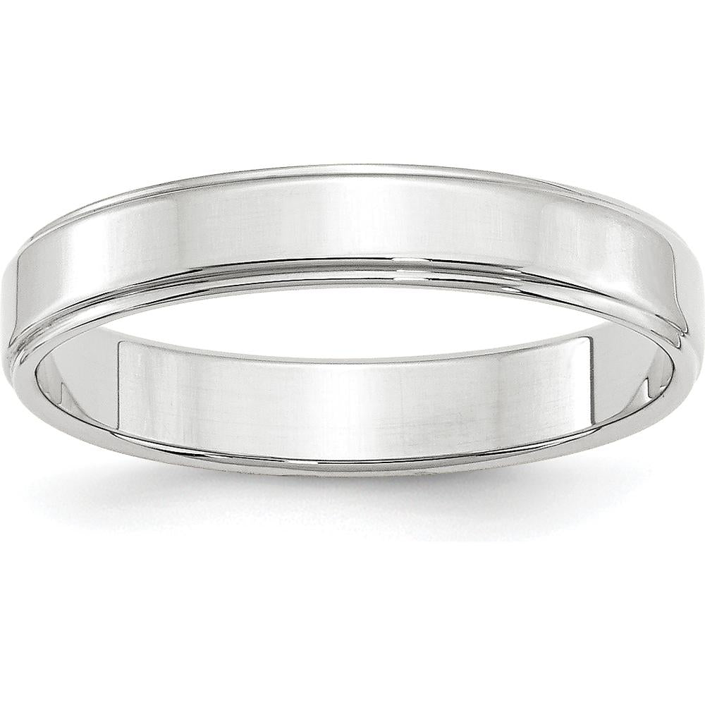 10K White Gold 4mm Flat Wedding Band with Step Edge and Rhodium Plating - Size 5.5