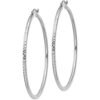 10K White Gold 50mm Large Hoop Earrings with Diamond-Cut Texture and Rhodium Plating