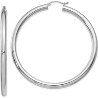 10K White Gold 60mm Tube Hoop Earrings with Polished Finish and Rhodium Plating