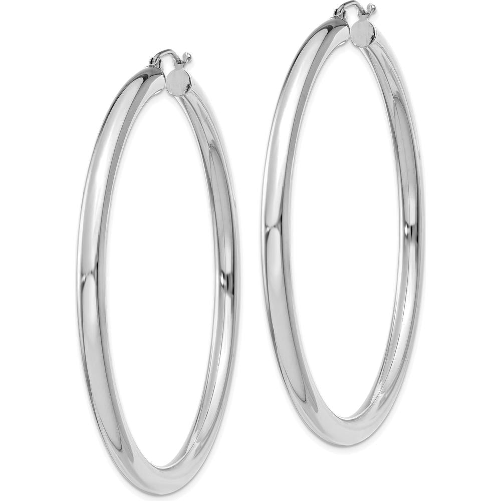 10K White Gold 60mm Tube Hoop Earrings with Polished Finish and Rhodium Plating