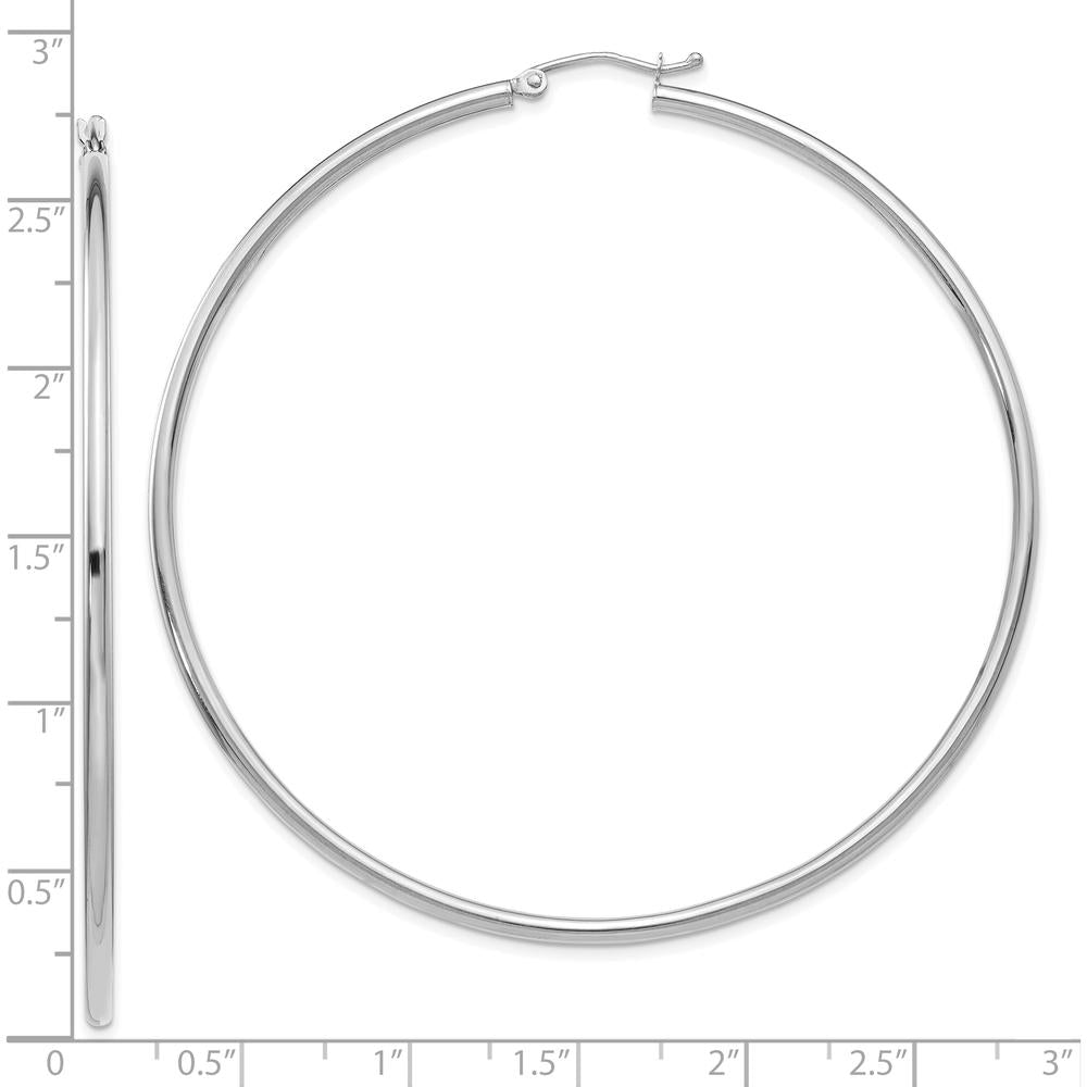 10K White Gold 65mm Polished Tube Hoop Earrings with Rhodium Plating