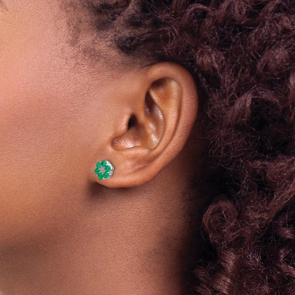 10K White Gold 6mm Floral Stud Earrings with Round Emeralds 0.048 Carat and Diamond Accents 0.005 Carat by Monteluci Fine Jewelry