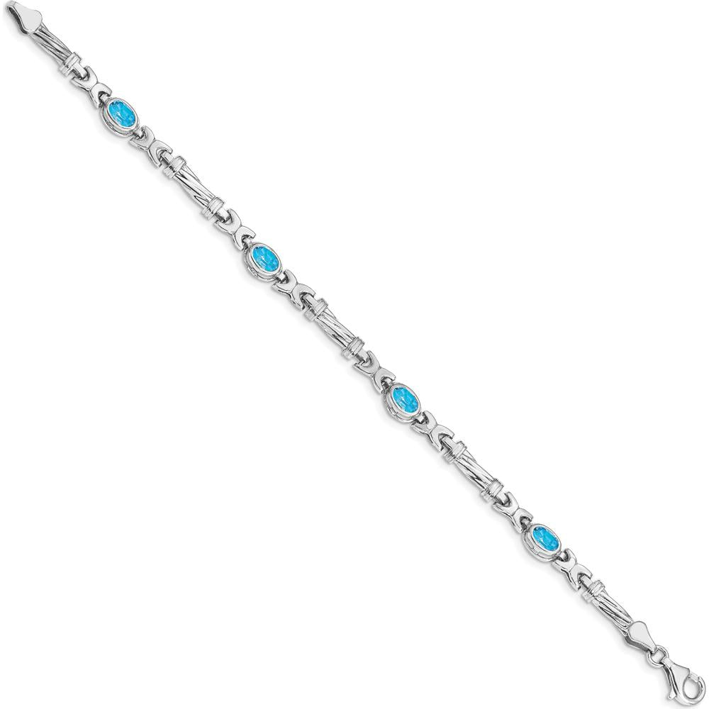 10K White Gold 7" Fancy Link Bracelet with 4 Oval Swiss Blue Topaz - 2.24 Carats Total Weight by Oro Pregiato