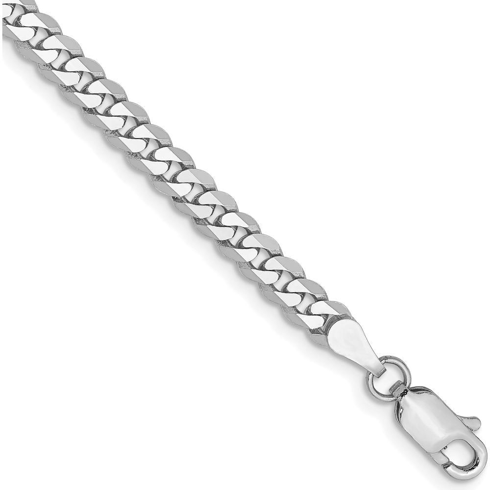 10K White Gold 7" Flat Beveled Curb Chain Bracelet - Rhodium Plated
