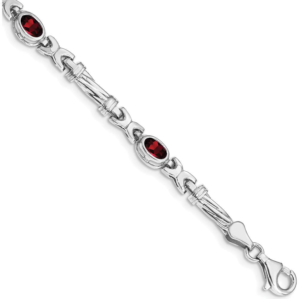 10K White Gold 7-inch Fancy Link Bracelet with 4 Oval Garnets - 0.60 Carats Total Gem Weight by Oro Pregiato