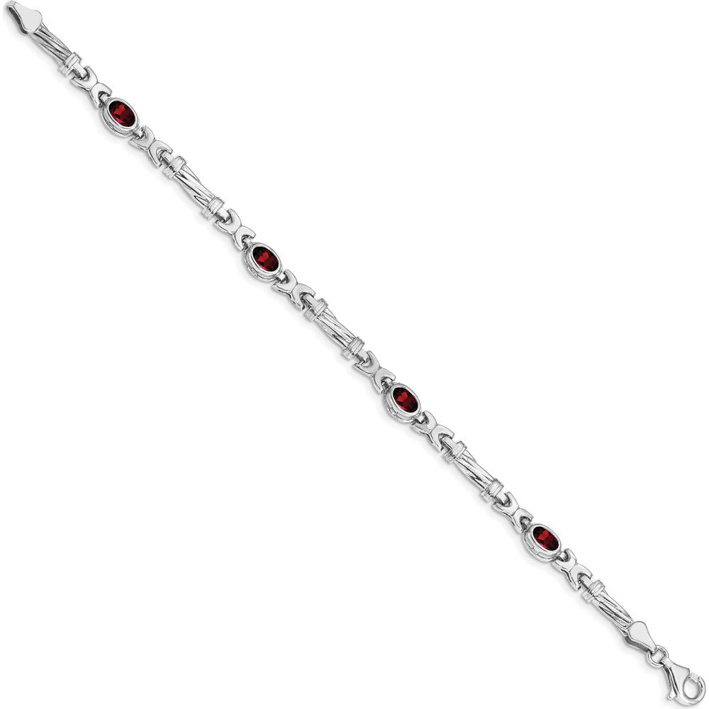 10K White Gold 7-inch Fancy Link Bracelet with 4 Oval Garnets - 0.60 Carats Total Gem Weight by Oro Pregiato