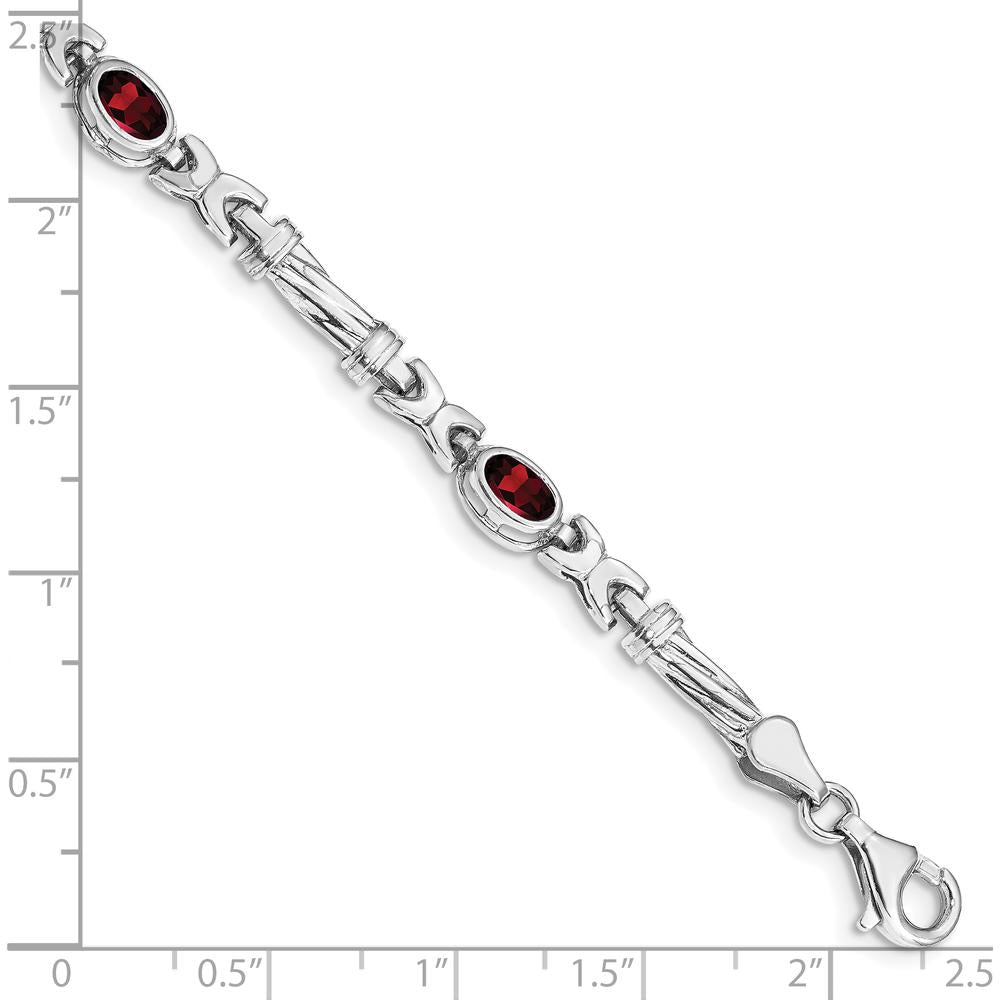 10K White Gold 7-inch Fancy Link Bracelet with 4 Oval Garnets - 0.60 Carats Total Gem Weight by Oro Pregiato