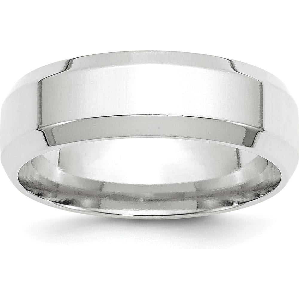 10K White Gold 7mm Beveled Edge Comfort Fit Wedding Band with Polished Rhodium Finish - Size 10