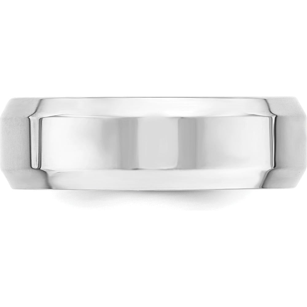 10K White Gold 7mm Beveled Edge Comfort Fit Wedding Band with Polished Rhodium Finish - Size 10