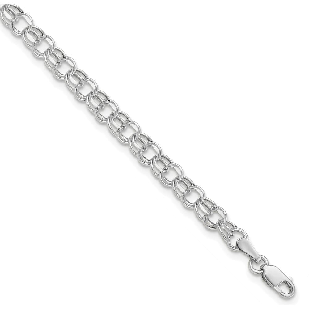 10K White Gold 8" Hollow Dia-cut Double Link Charm Bracelet with Lobster Clasp