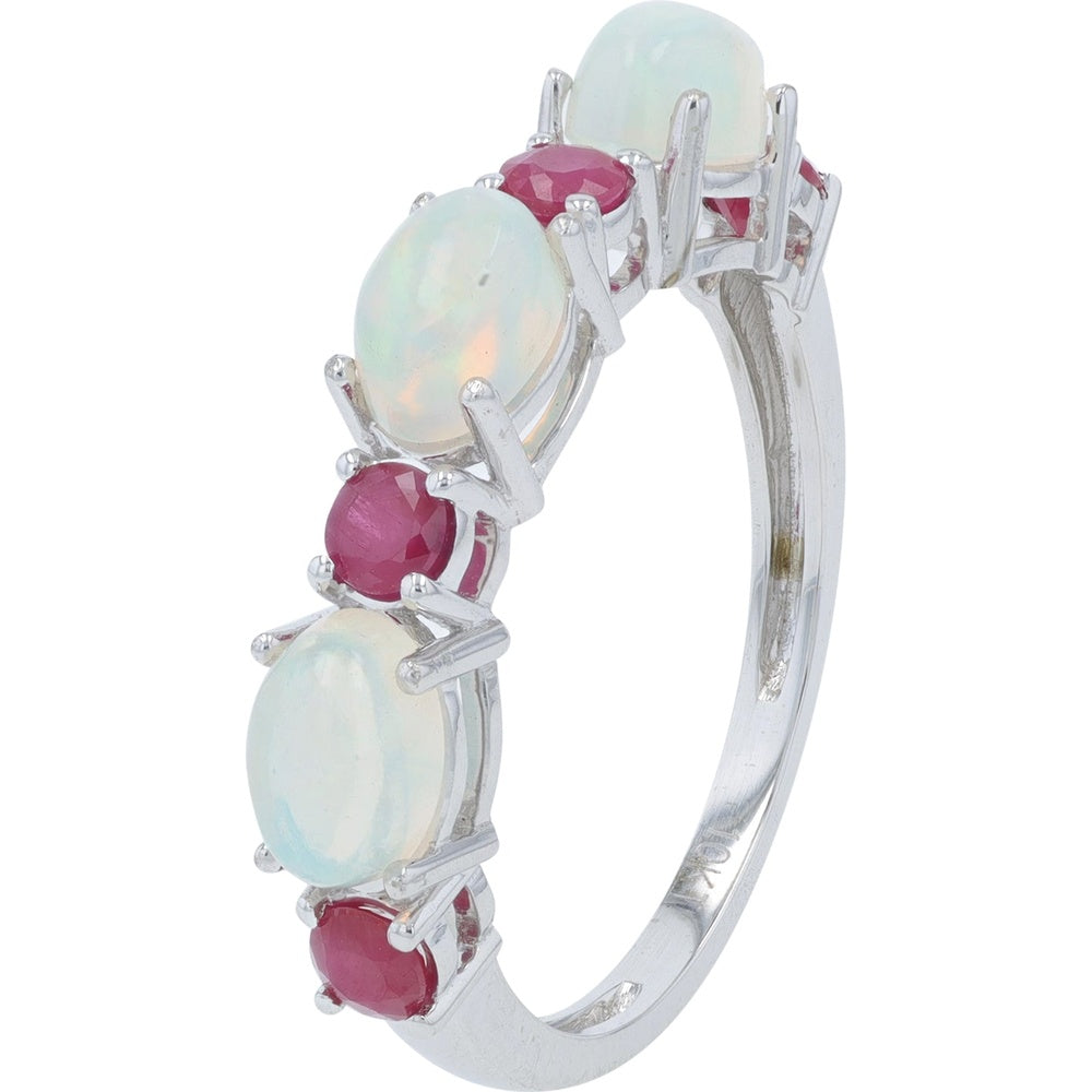 10K White Gold Alternating Band with Cabochon Opals and Round Rubies - 1.10 Carat Total Opal Weight