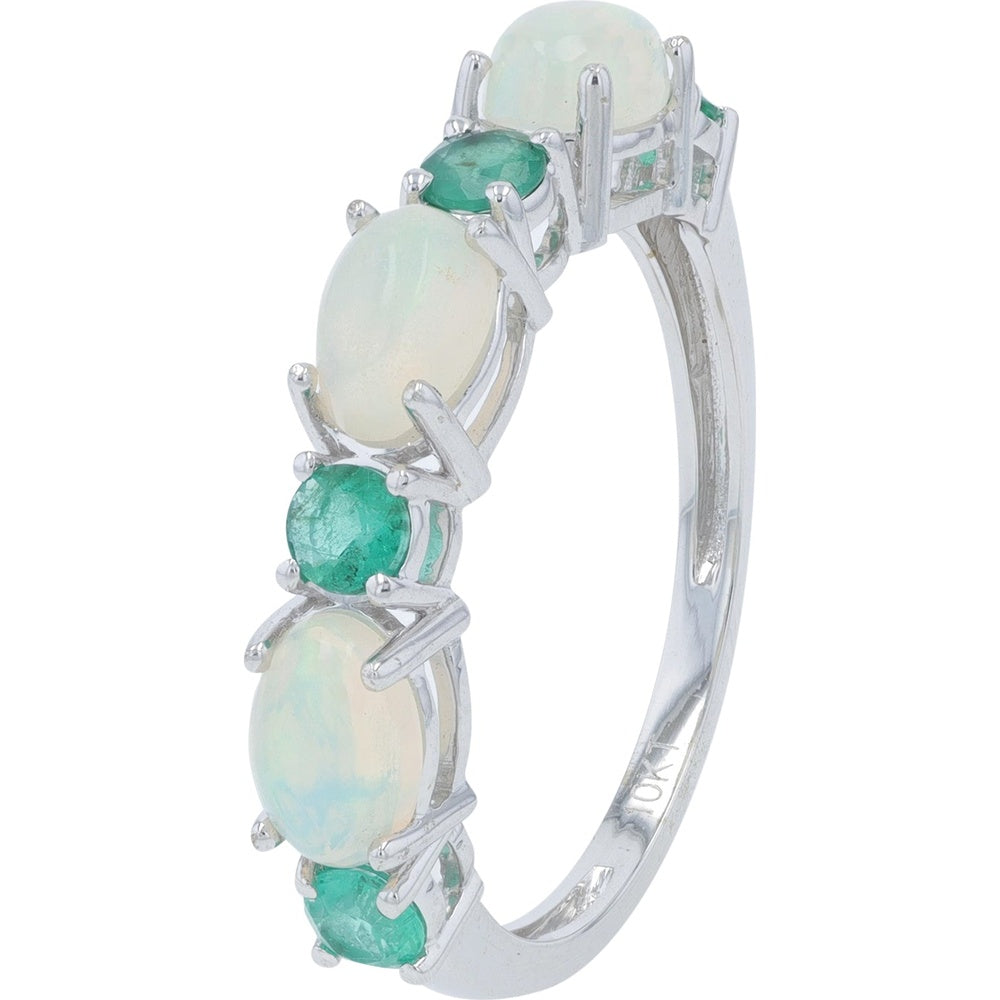 10K White Gold Alternating Cabochon Opal and Round Emerald Band - 1.10 Carat Total Opal Weight and 0.31 Carat-0.55 Carat Total Emerald Weight