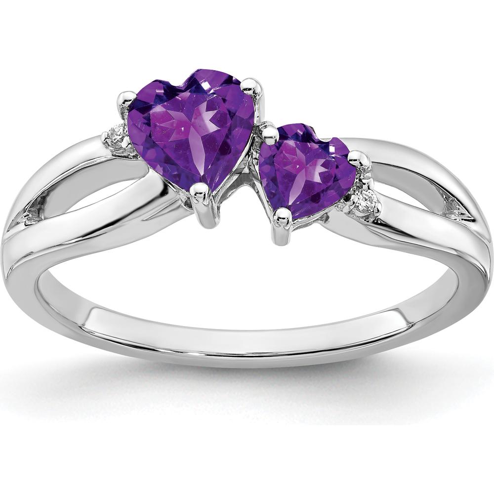 10K White Gold Amethyst and Diamond 2-Stone Heart Ring with Heart-Shaped Amethysts and Round Diamonds - 0.65 Carat Total Gem Weight by 0