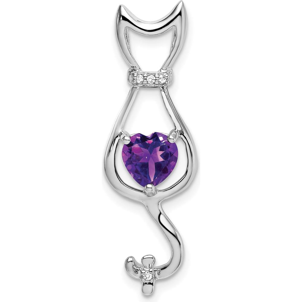 10K White Gold Amethyst and Diamond Cat Pendant with Heart-Shaped Amethyst and Round Diamond Accents - 0.68 Carat Total Amethyst Weight by Lumare Gioia