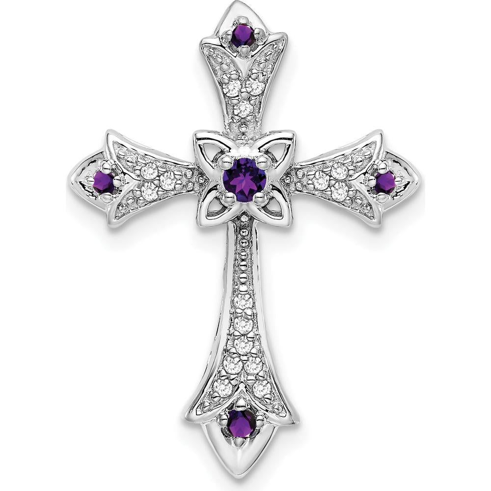 10K White Gold Amethyst and Diamond Fleur de Lis Cross Pendant Charm - 0.098 Carat Total Gemstone Weight by Oro Pregiato