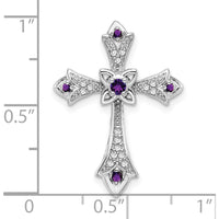 10K White Gold Amethyst and Diamond Fleur de Lis Cross Pendant Charm - 0.098 Carat Total Gemstone Weight by Oro Pregiato