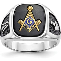 10K White Gold and Gold-Plated Masonic Ring with Cushion Onyx and Black Enamel Accents - Men's Adjustable Band