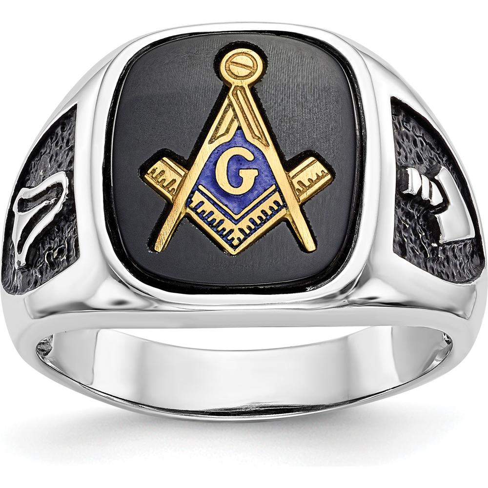 10K White Gold and Gold-Plated Masonic Ring with Cushion Onyx and Black Enamel Accents - Men's Adjustable Band