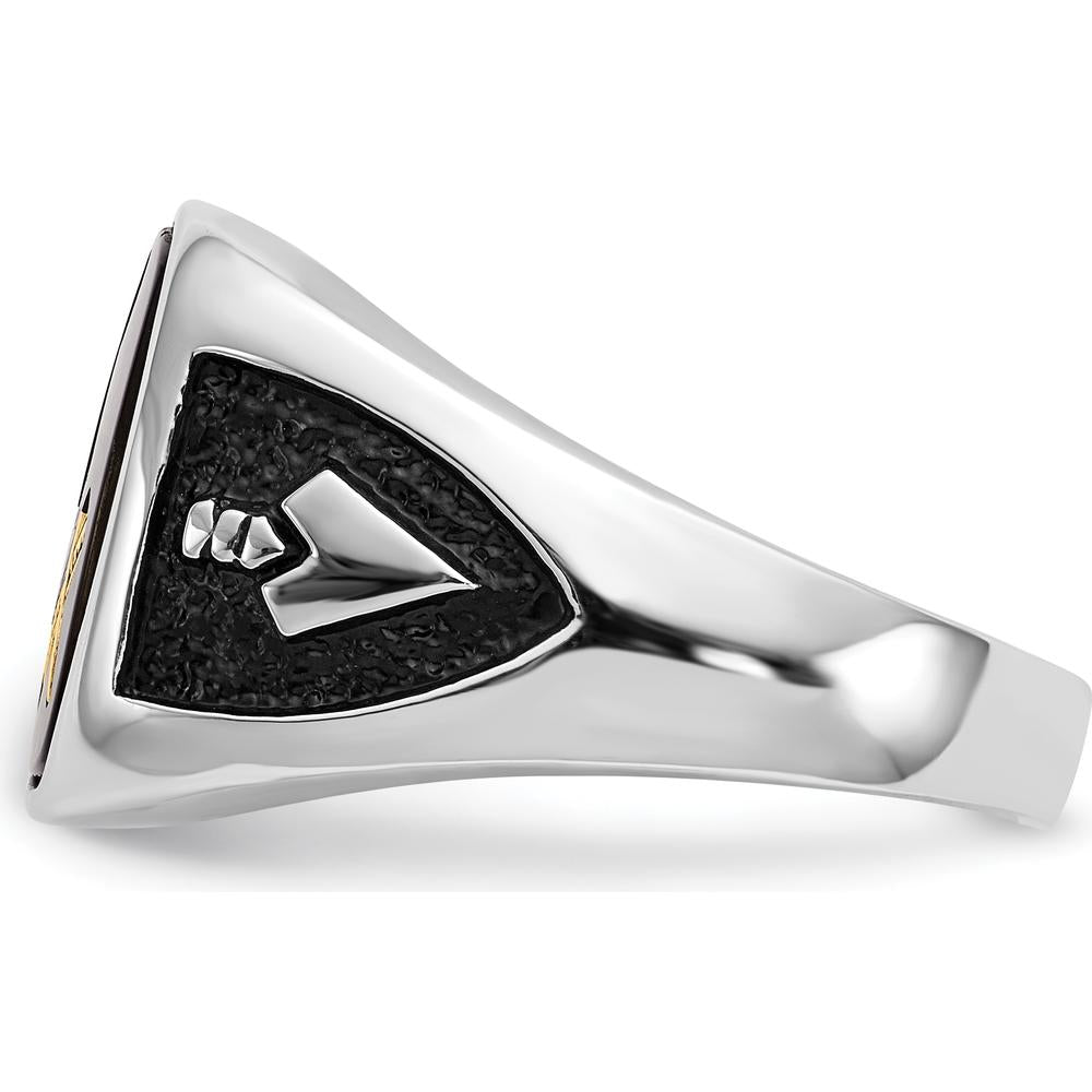 10K White Gold and Gold-Plated Masonic Ring with Cushion Onyx and Black Enamel Accents - Men's Adjustable Band
