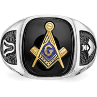 10K White Gold and Gold-Plated Masonic Ring with Cushion Onyx and Black Enamel Accents - Men's Adjustable Band