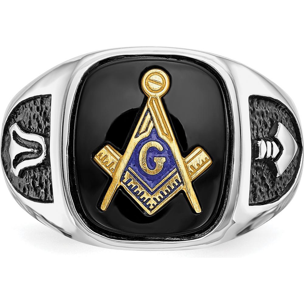 10K White Gold and Gold-Plated Masonic Ring with Cushion Onyx and Black Enamel Accents - Men's Adjustable Band