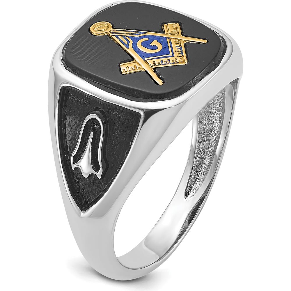 10K White Gold and Gold-Plated Masonic Ring with Cushion Onyx and Black Enamel Accents - Men's Adjustable Band