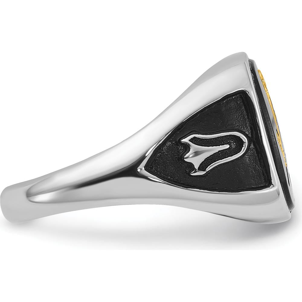 10K White Gold and Gold-Plated Masonic Ring with Cushion Onyx and Black Enamel Accents - Men's Adjustable Band