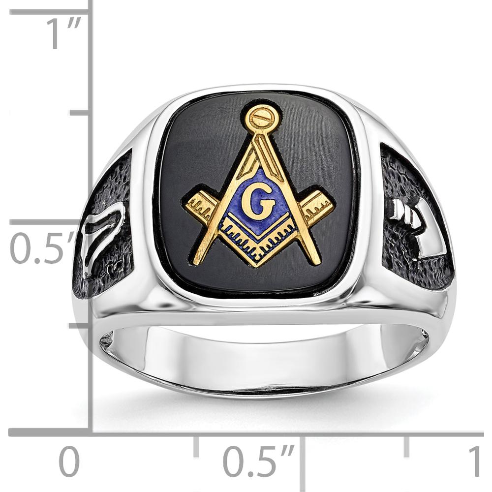 10K White Gold and Gold-Plated Masonic Ring with Cushion Onyx and Black Enamel Accents - Men's Adjustable Band