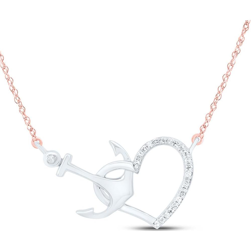 10K White Gold and Rose Gold Heart Anchor Pendant Necklace with Pave and Bezel Set Round Diamonds - 1/12 Carat Total Diamond Weight