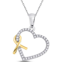 10K White Gold and Yellow Gold Ribbon Heart Pendant with Prong-Set Round Diamonds - 1/6 Carat Total Diamond Weight
