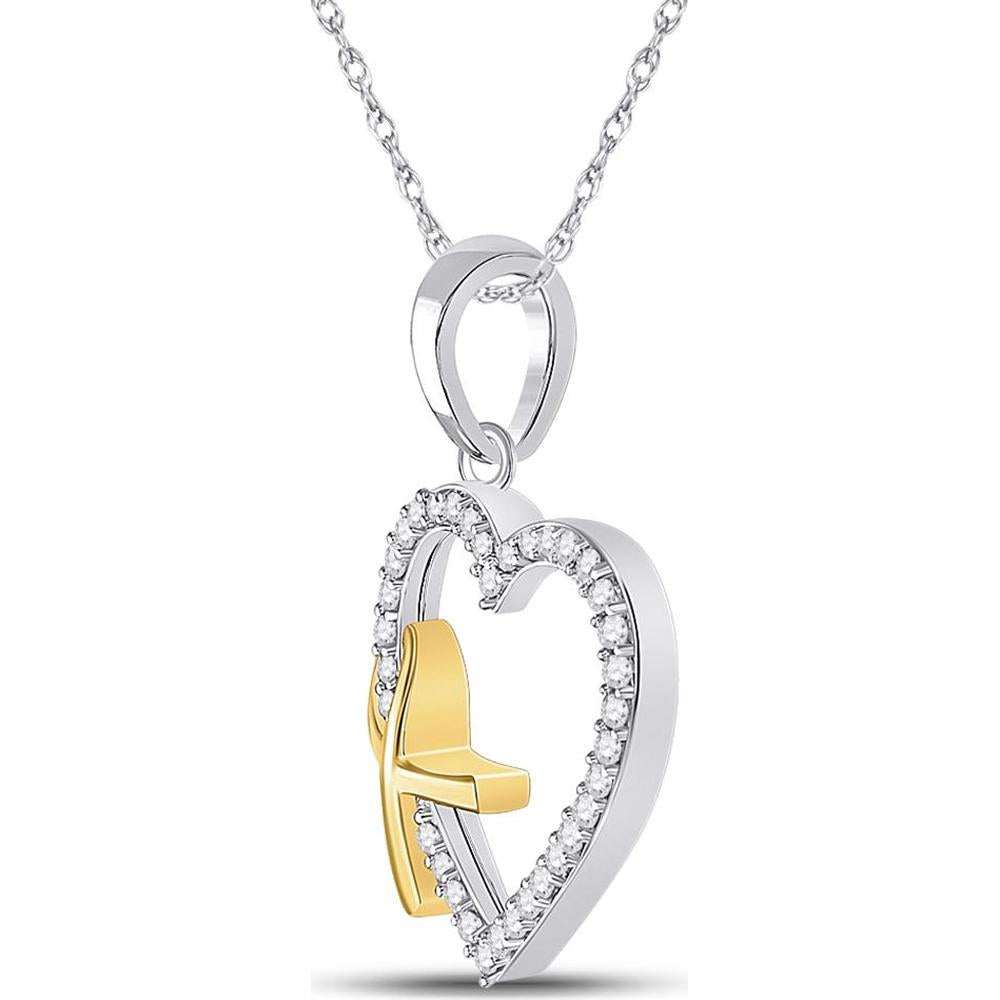 10K White Gold and Yellow Gold Ribbon Heart Pendant with Prong-Set Round Diamonds - 1/6 Carat Total Diamond Weight