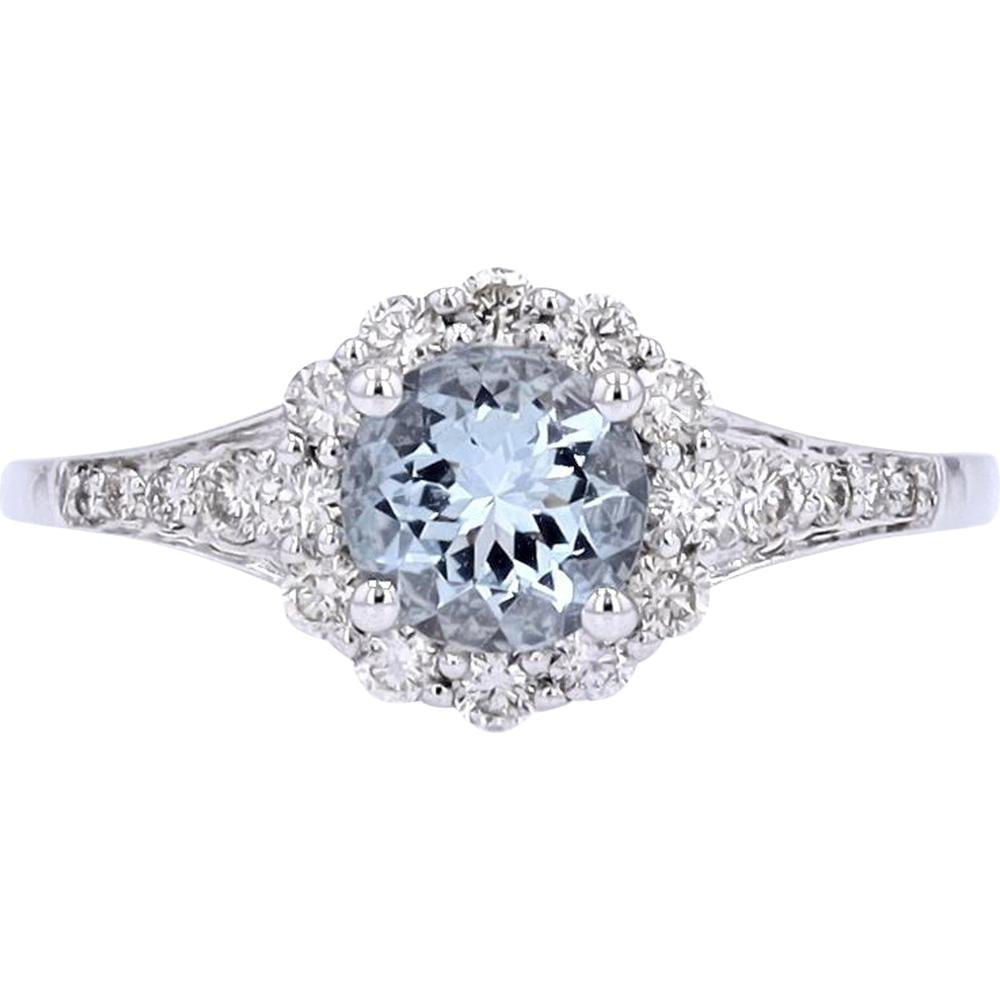 10K White Gold Aquamarine Halo Ring with Diamond Accents - 0.34 Carat Total Diamond Weight, 2/3 Carat Aquamarine